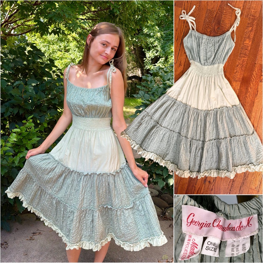 Vintage 1970s Georgia Charuhas Designer Mexican Sundress Sage Green 70s Boho OS